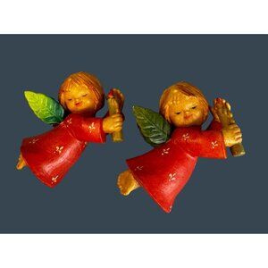 Anri Ferrandiz Flying Angels Pair Hand Carved Painted Red Italy 4 Inch